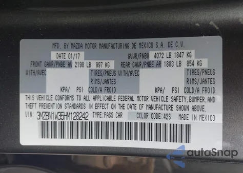 2017 Mazda Mazda3 Grand Touring из США, поврежденный, VIN 3MZBN1W35HM128242